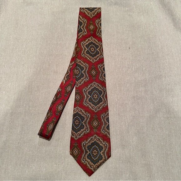 Tommy Hilfiger dark red necktie, 100% silk, multicolor, medallion pattern - Picture 1 of 7